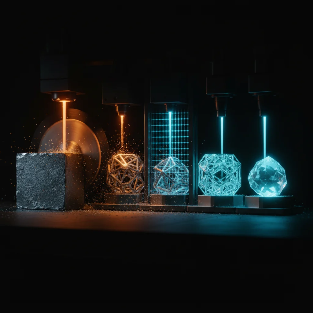 Abstract syntax tree visualization with glowing cyan wireframe nodes on black void